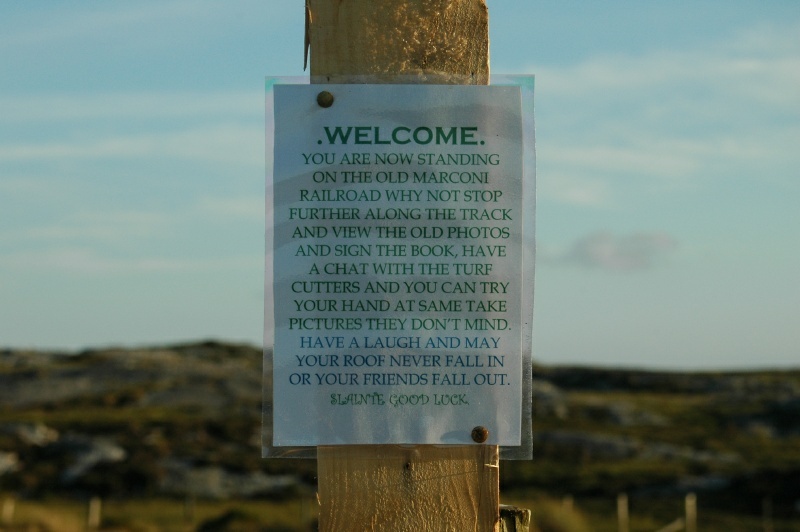 Sign on the old Marconi railroad, Clifden, Ireland